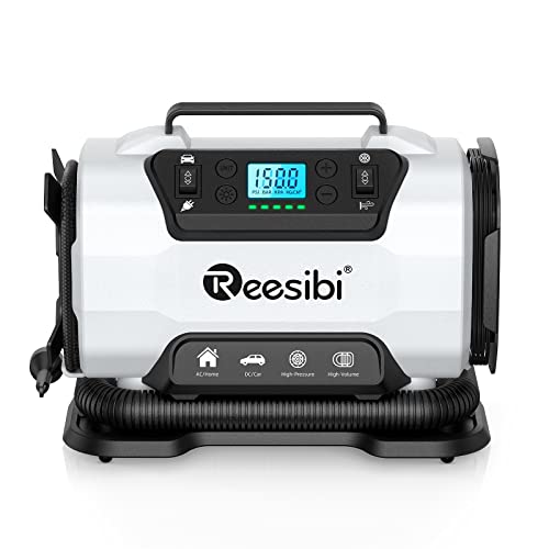 Reesibi Kompressor Autoreifen 230V 12V Doppelte Stromquellen, Hochdruckpumpe bis zu 10,3bar und Niederdruckpumpe zu 300L/min 2-in-1, Elektrische Luftpumpe Tragbar mit digitaler Anzeige Adapterset